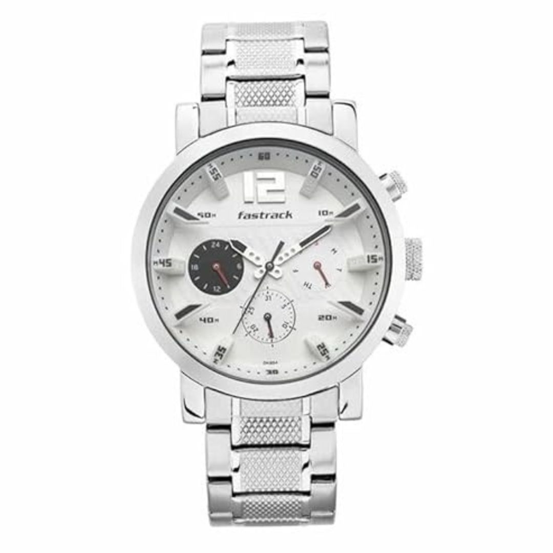Fastrack NP3227SM02 Fastfit Analog White Dial Silver Band Men's Stainless Steel Watch