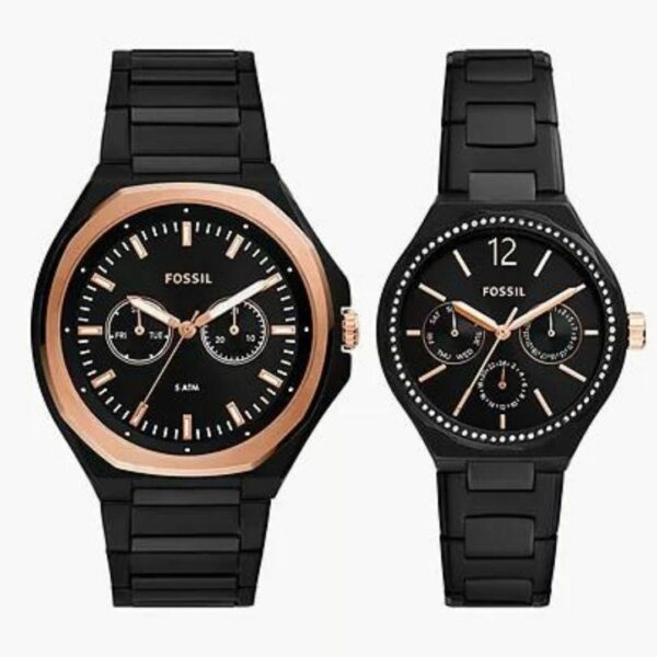 Fossil BQ2645SET His and Her Multifunction Black Stainless Steel Mens Watch