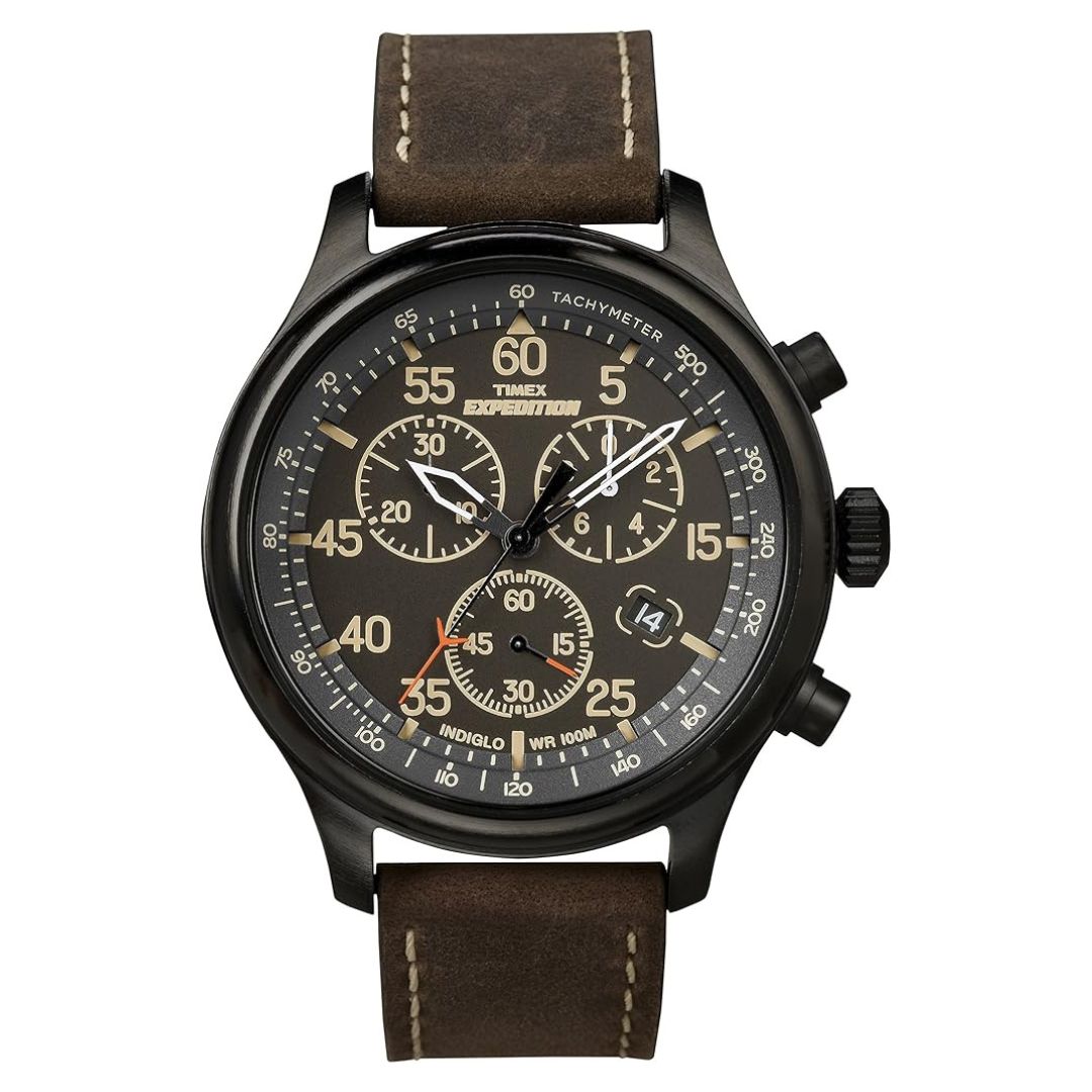 Timex T499059J Expedition Field Chrono Brown Strap Black Dial Silver-Tone Case Quartz Men's Watch